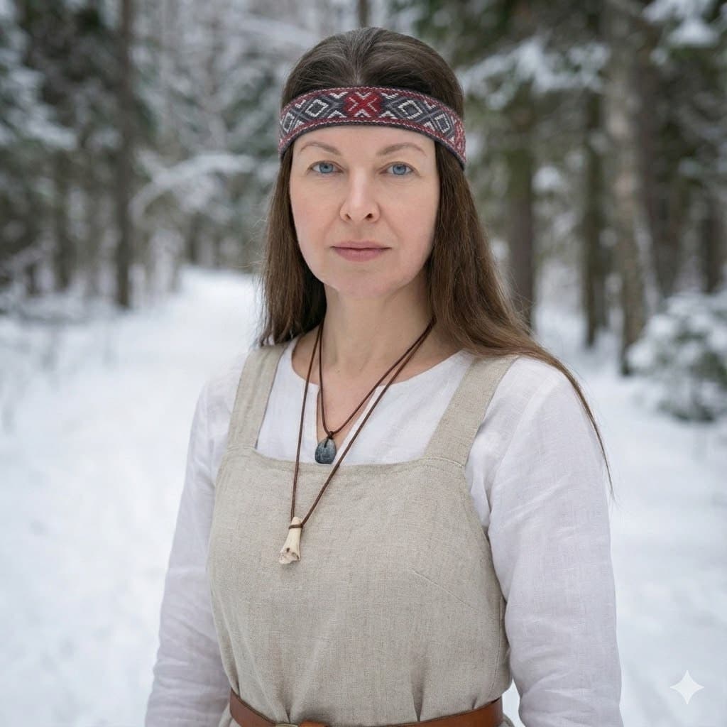 Мария Цветкова — мастер славянских оздоровительных практик в традиционном льняном наряде с очельем в зимнем лесу Череповца